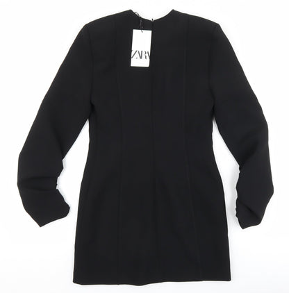 Zara Womens Black Polyester Sheath Size XS V-Neck Zip