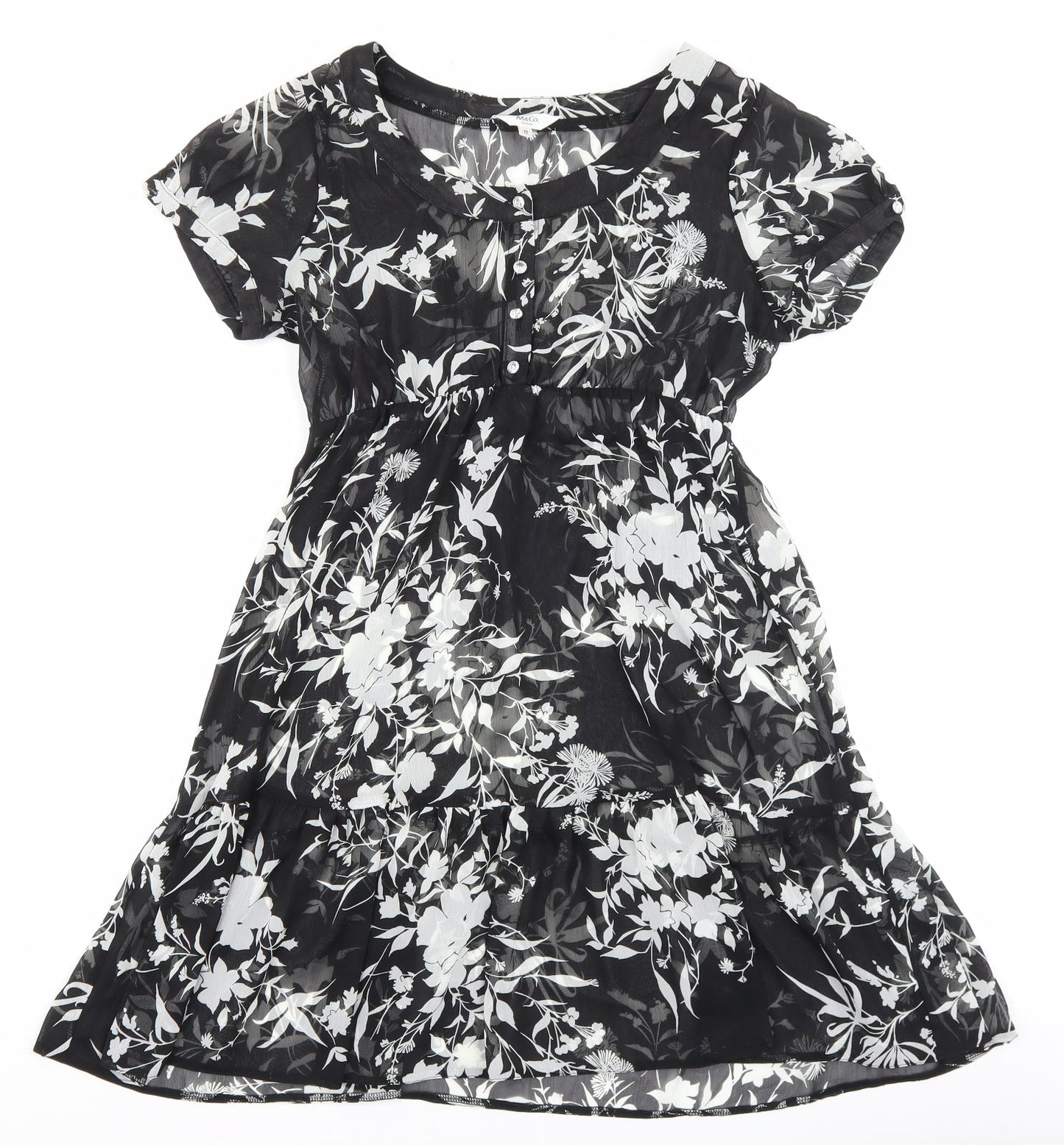 M&Co Womens Black Floral Polyester A-Line Size 10 Boat Neck Button