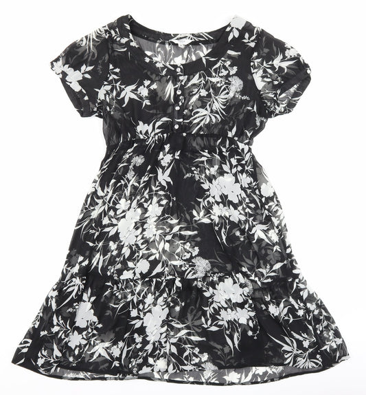 M&Co Womens Black Floral Polyester A-Line Size 10 Boat Neck Button