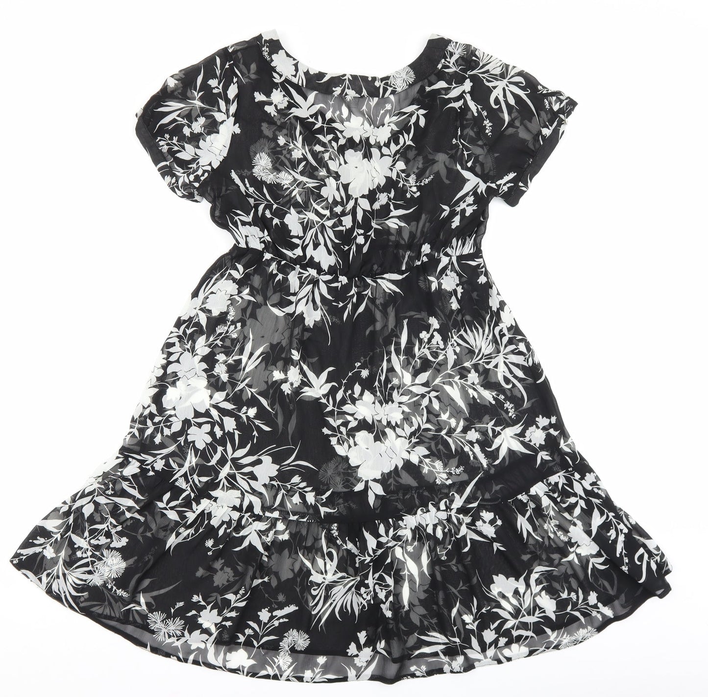 M&Co Womens Black Floral Polyester A-Line Size 10 Boat Neck Button