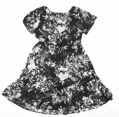 M&Co Womens Black Floral Polyester A-Line Size 10 Boat Neck Button