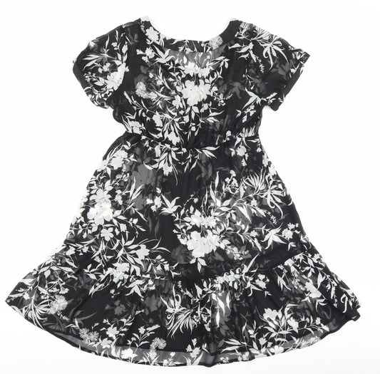 M&Co Womens Black Floral Polyester A-Line Size 10 Boat Neck Button
