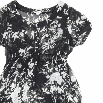 M&Co Womens Black Floral Polyester A-Line Size 10 Boat Neck Button