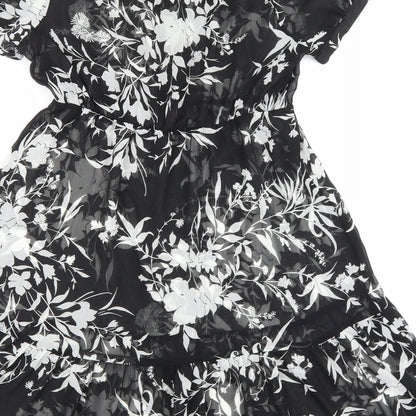 M&Co Womens Black Floral Polyester A-Line Size 10 Boat Neck Button