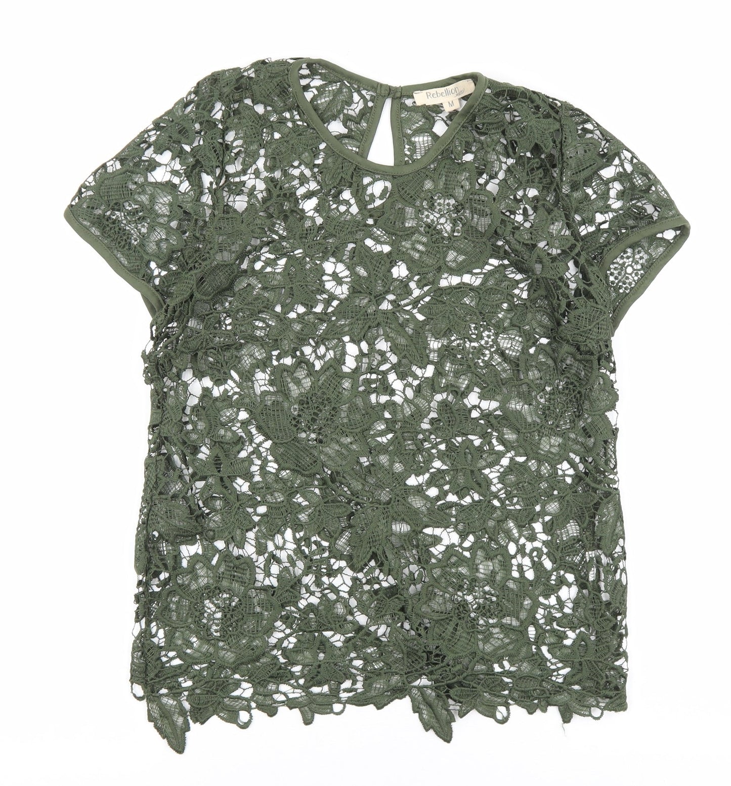 Rebellion Womens Green Floral Cotton Basic T-Shirt Size M Round Neck