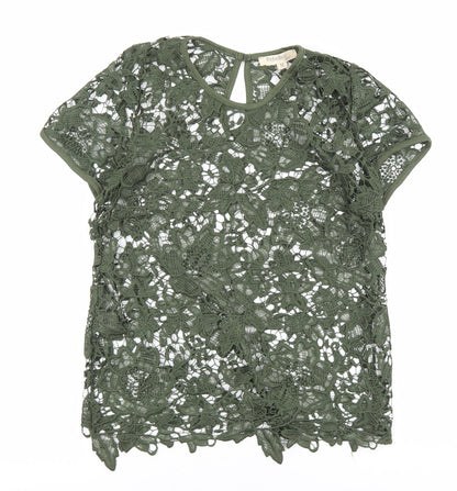 Rebellion Womens Green Floral Cotton Basic T-Shirt Size M Round Neck