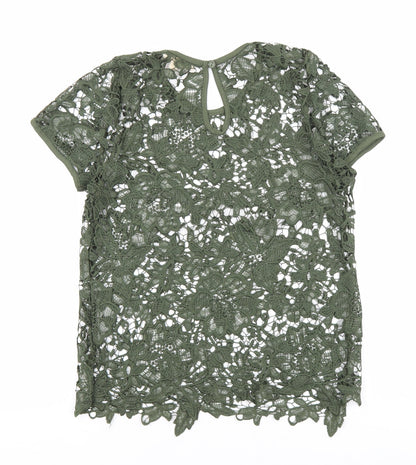 Rebellion Womens Green Floral Cotton Basic T-Shirt Size M Round Neck