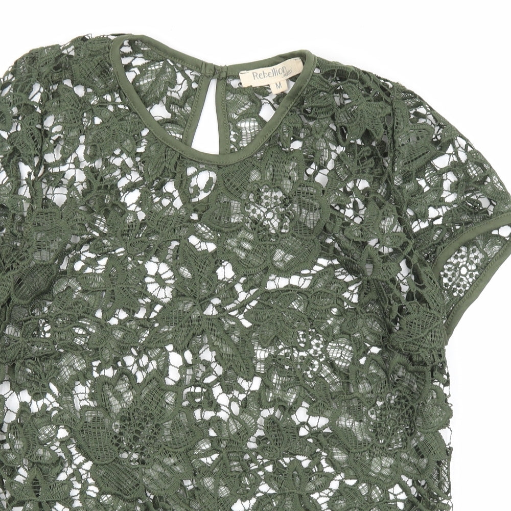 Rebellion Womens Green Floral Cotton Basic T-Shirt Size M Round Neck