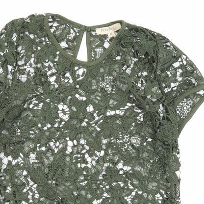 Rebellion Womens Green Floral Cotton Basic T-Shirt Size M Round Neck
