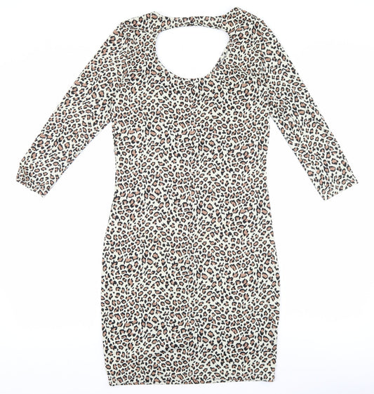 VERO MODA Womens Brown Animal Print Viscose Bodycon Size S Scoop Neck Pullover - Leopard print