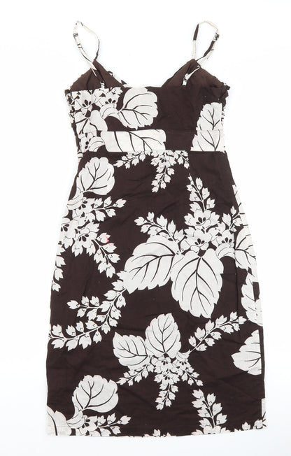 Warehouse Womens Brown Floral Cotton Slip Dress Size 10 V-Neck Zip