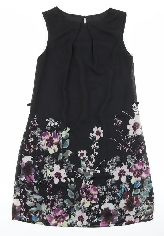 Primark Womens Black Floral Polyester Shift Size 6 Boat Neck Button