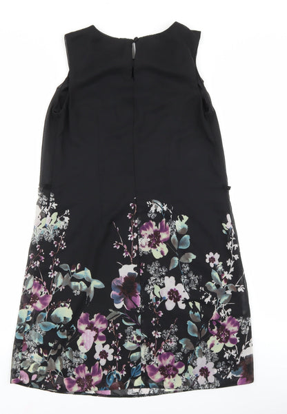 Primark Womens Black Floral Polyester Shift Size 6 Boat Neck Button