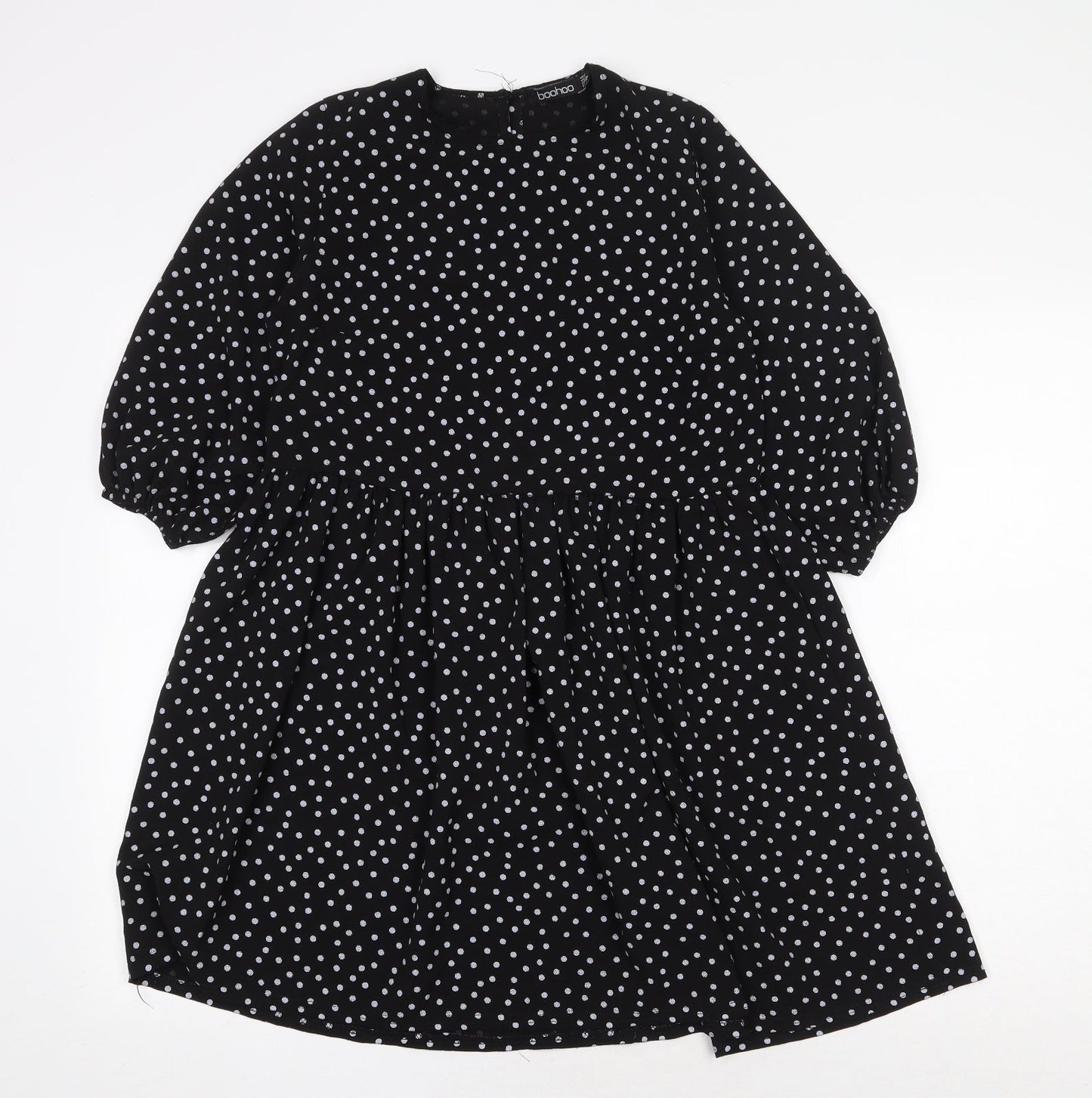Boohoo Womens Black Polka Dot Polyester Trapeze & Swing Size 6 Round Neck Button