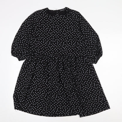 Boohoo Womens Black Polka Dot Polyester Trapeze & Swing Size 6 Round Neck Button