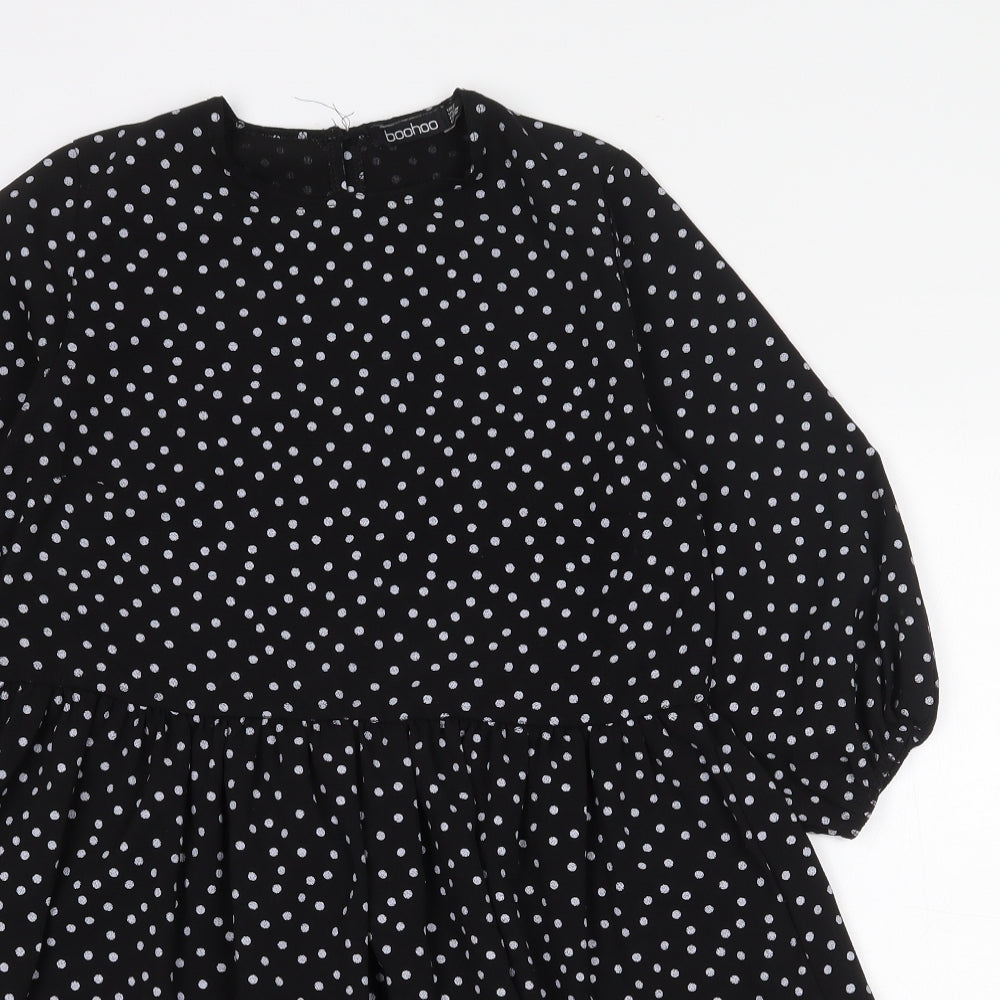 Boohoo Womens Black Polka Dot Polyester Trapeze & Swing Size 6 Round Neck Button