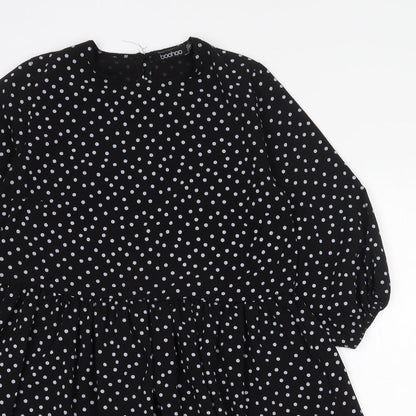 Boohoo Womens Black Polka Dot Polyester Trapeze & Swing Size 6 Round Neck Button