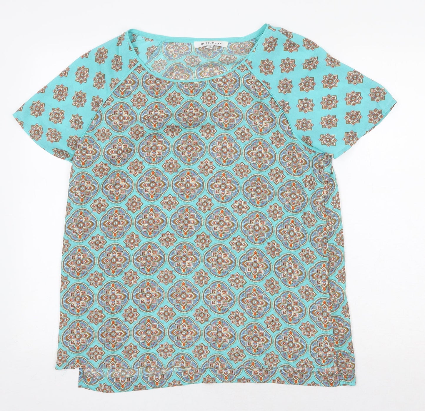 Rose + Olive Womens Green Geometric Polyester Basic Blouse Size M Round Neck