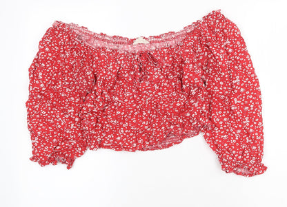 Beyond Words Womens Red Floral Viscose Cropped Blouse Size M Off the Shoulder - Bardot