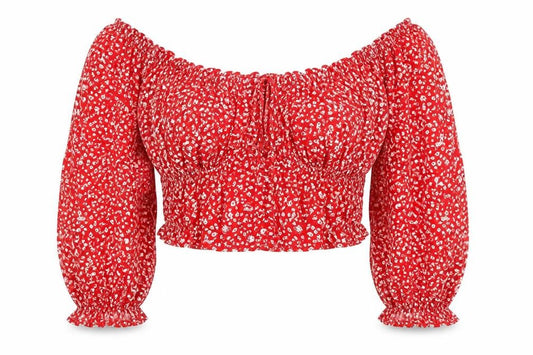Beyond Words Womens Red Floral Viscose Cropped Blouse Size M Off the Shoulder - Bardot