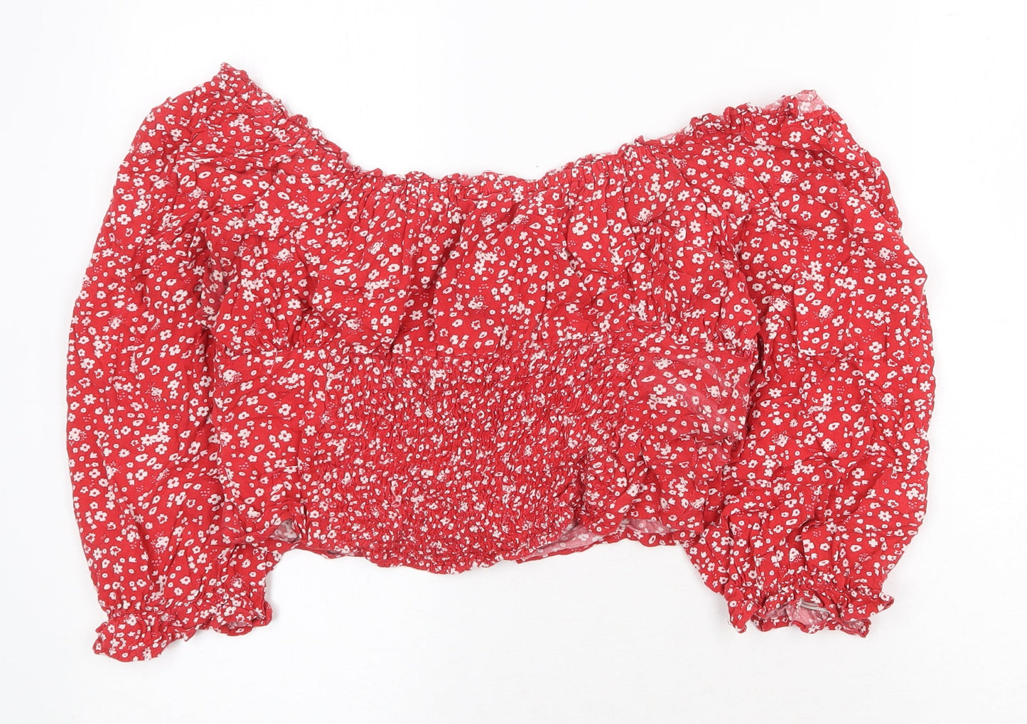 Beyond Words Womens Red Floral Viscose Cropped Blouse Size M Off the Shoulder - Bardot