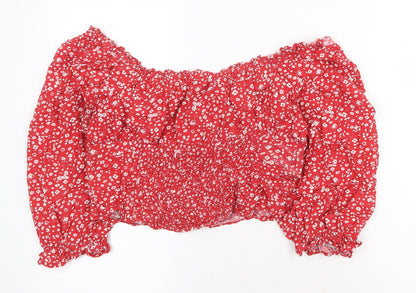 Beyond Words Womens Red Floral Viscose Cropped Blouse Size M Off the Shoulder - Bardot