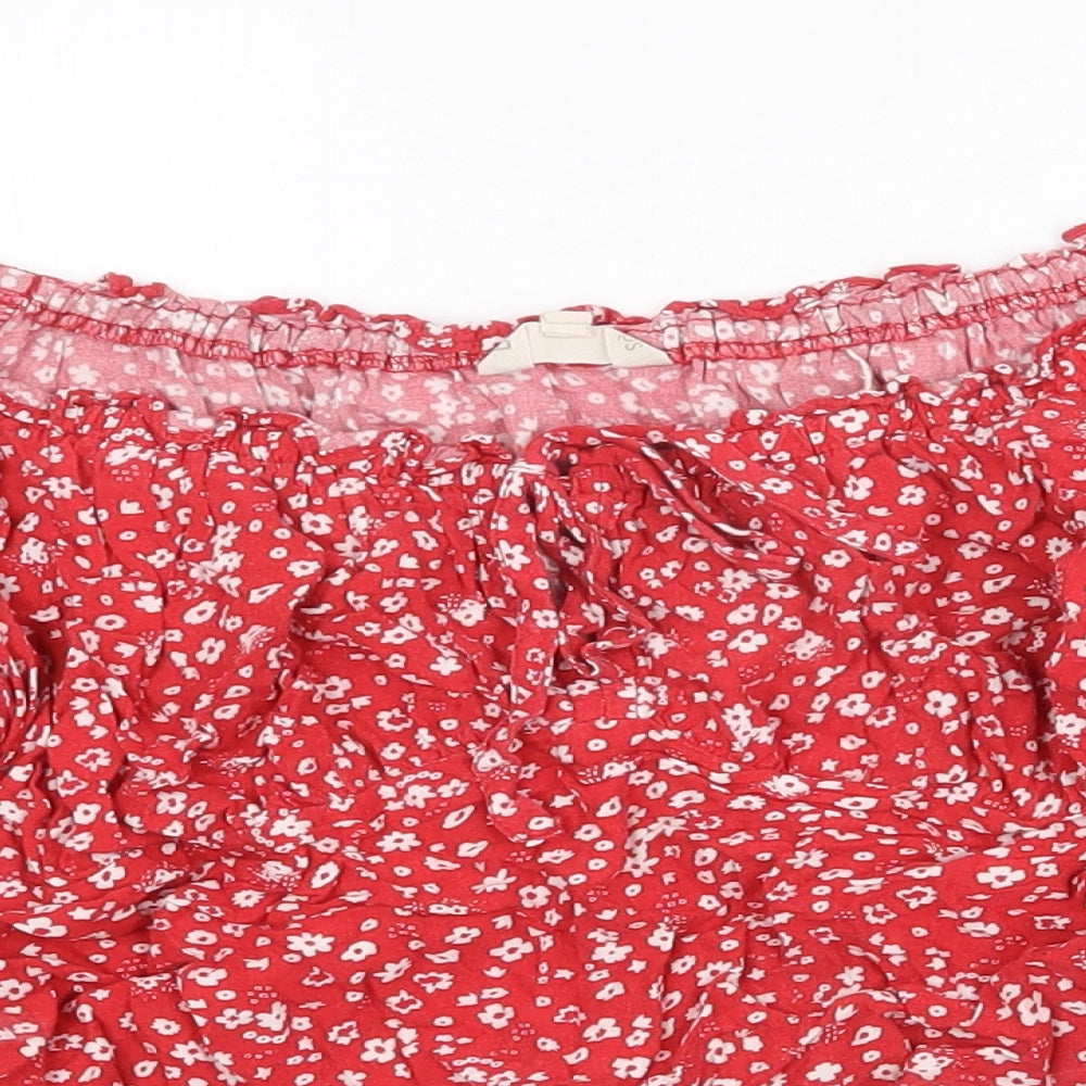 Beyond Words Womens Red Floral Viscose Cropped Blouse Size M Off the Shoulder - Bardot
