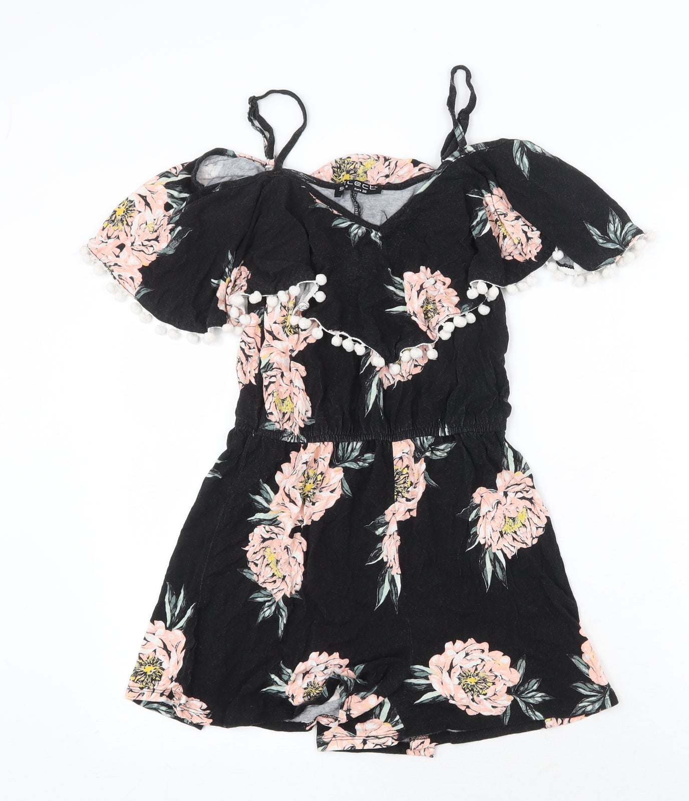 Select Womens Black Floral Viscose Playsuit One-Piece Size 8 Pullover