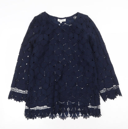 Society Eight Womens Blue Geometric Polyester Basic Blouse Size 8 Round Neck - Lace detail