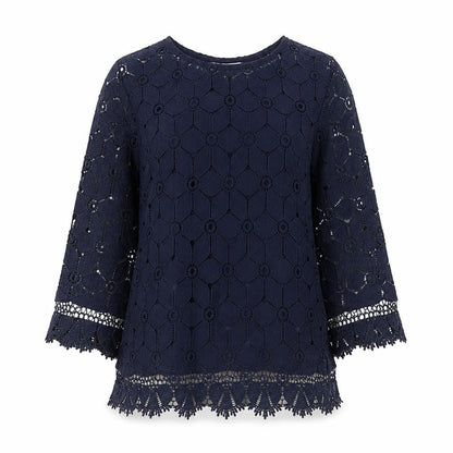 Society Eight Womens Blue Geometric Polyester Basic Blouse Size 8 Round Neck - Lace detail