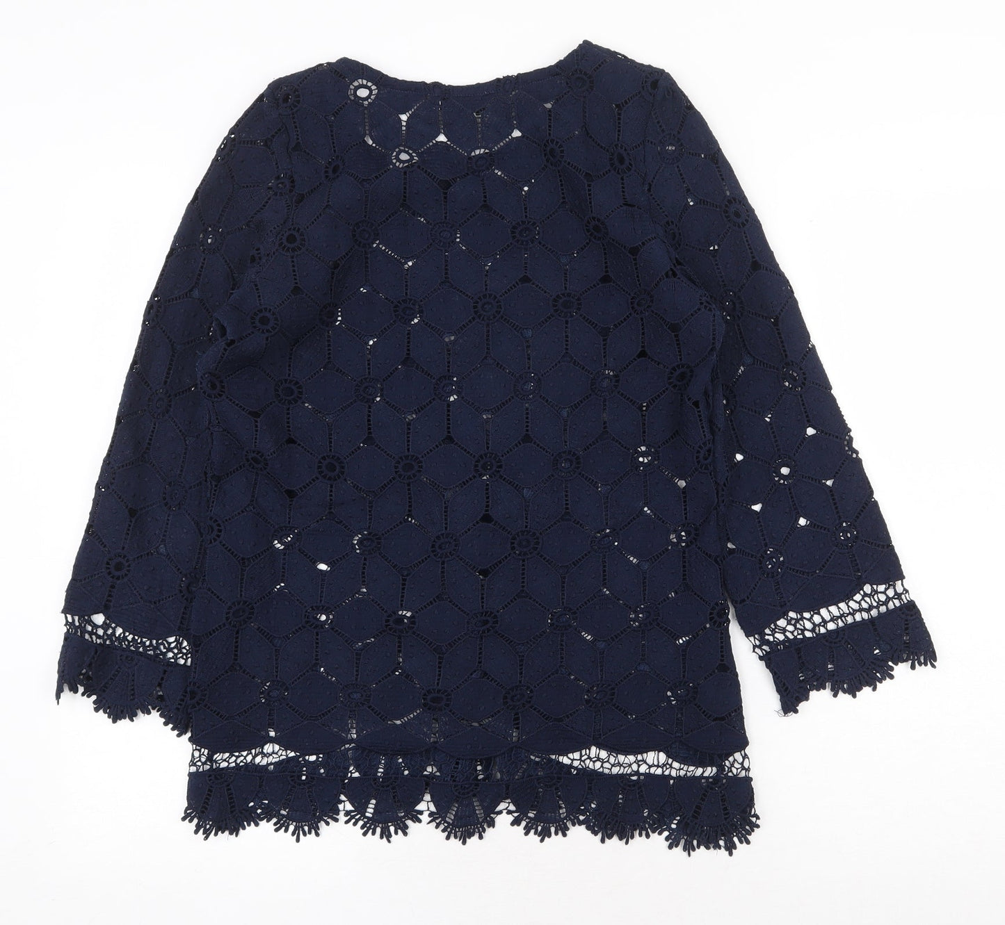 Society Eight Womens Blue Geometric Polyester Basic Blouse Size 8 Round Neck - Lace detail