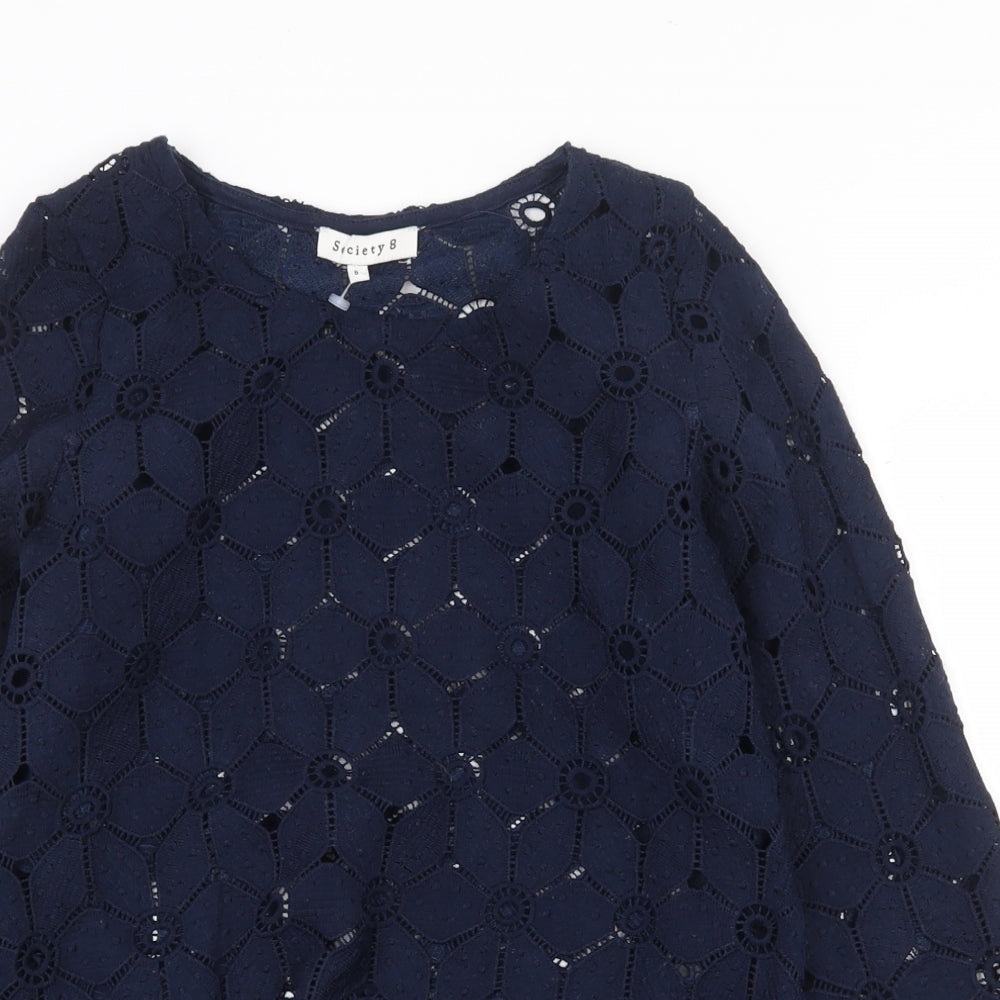 Society Eight Womens Blue Geometric Polyester Basic Blouse Size 8 Round Neck - Lace detail