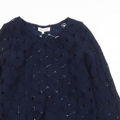 Society Eight Womens Blue Geometric Polyester Basic Blouse Size 8 Round Neck - Lace detail