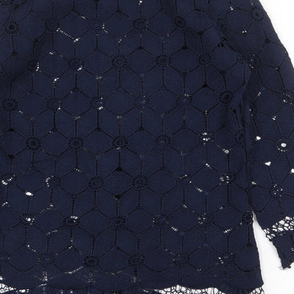 Society Eight Womens Blue Geometric Polyester Basic Blouse Size 8 Round Neck - Lace detail