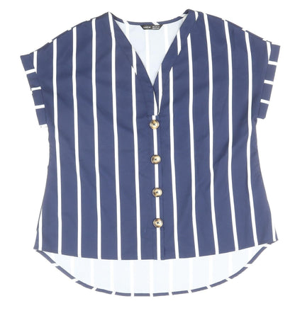 SheIn Womens Blue Striped Polyester Basic Blouse Size S V-Neck