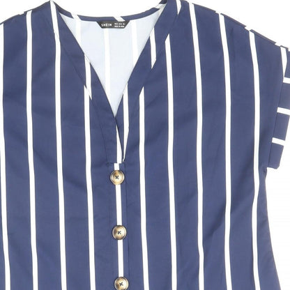 SheIn Womens Blue Striped Polyester Basic Blouse Size S V-Neck