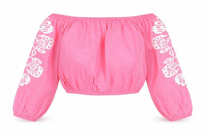 Marks and Spencer Womens Pink 100% Cotton Cropped Blouse Size 16 Boat Neck - Flower Detail