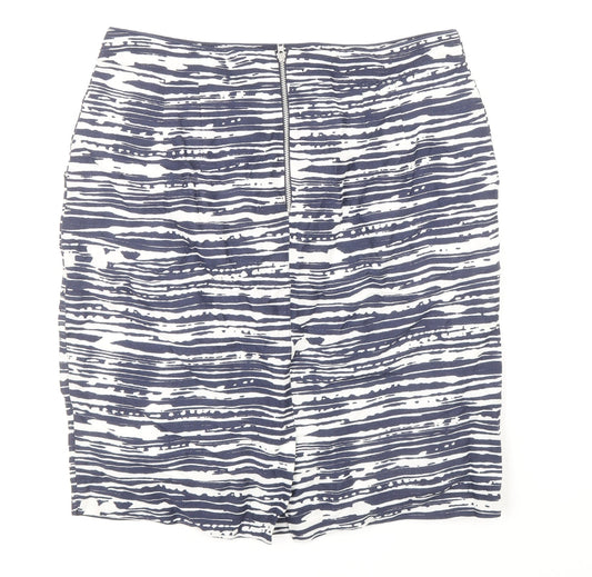 Marks and Spencer Womens Blue Geometric Linen Bandage Skirt Size 12 Zip