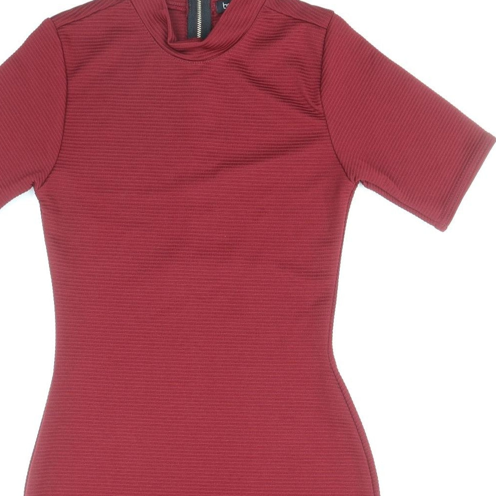 Boohoo Womens Red Polyester Bodycon Size 8 Mock Neck Zip