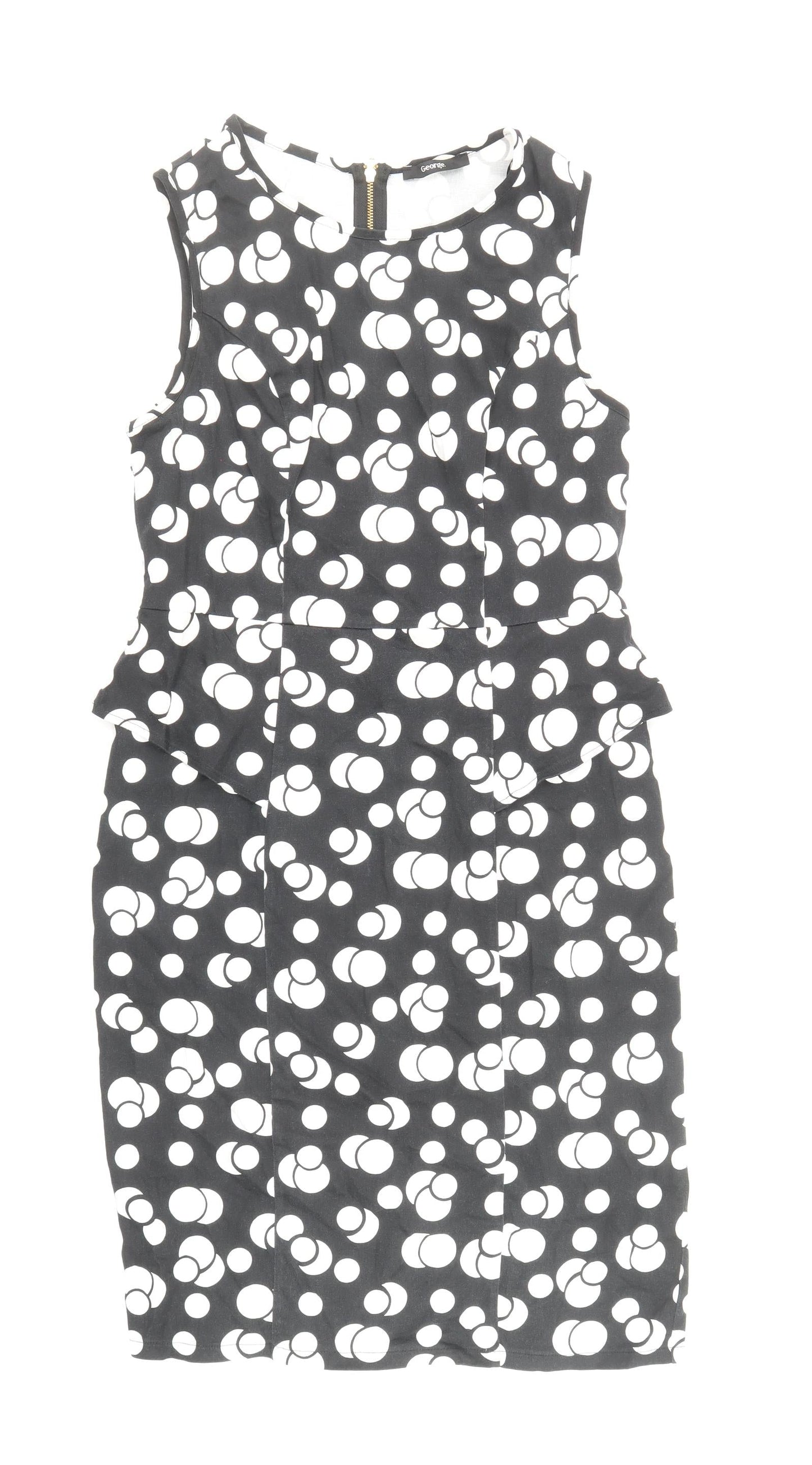 George Womens Black Polka Dot Cotton Shift Size 12 Boat Neck Zip