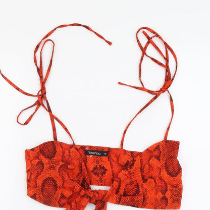 Boohoo Womens Orange Animal Print Polyester Cropped Blouse Size M Sweetheart