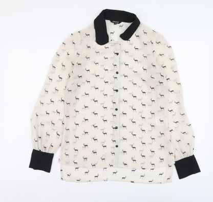Papaya Womens Beige Geometric Polyester Basic Button-Up Size 10 Collared - Deer Print
