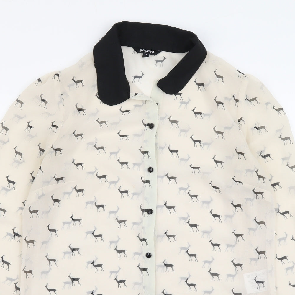 Papaya Womens Beige Geometric Polyester Basic Button-Up Size 10 Collared - Deer Print