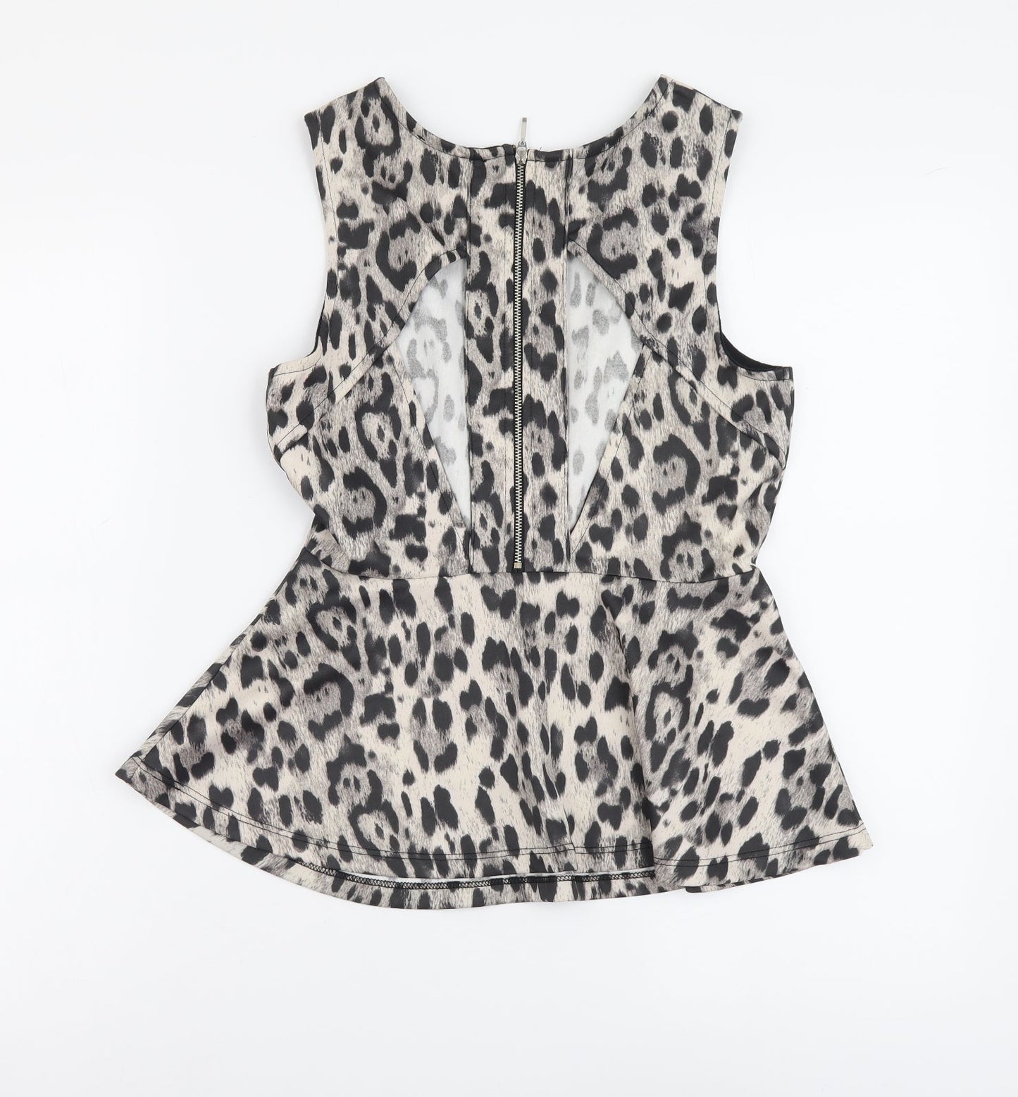 Definitions Womens Beige Animal Print Polyester Basic Tank Size 10 Scoop Neck - Leopard Print Cut Out Back Detail, Peplum