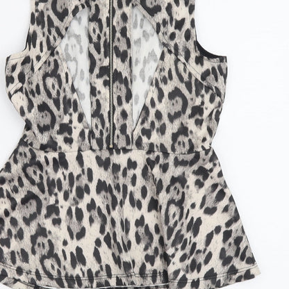 Definitions Womens Beige Animal Print Polyester Basic Tank Size 10 Scoop Neck - Leopard Print Cut Out Back Detail, Peplum