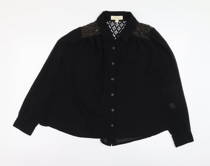 Goldie London Womens Black Polyester Cropped Button-Up Size S V-Neck - Lace detail on back