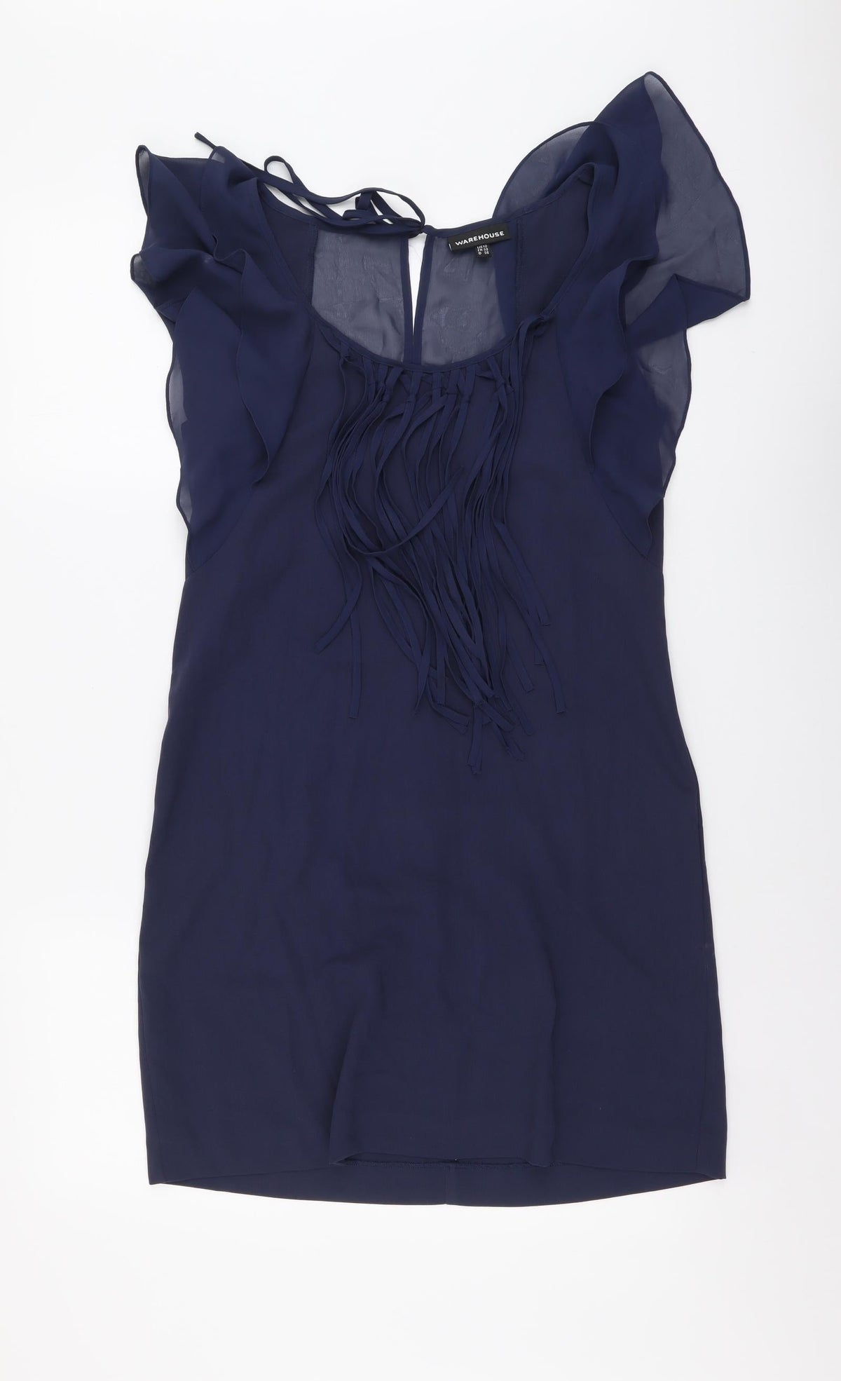 Warehouse Womens Blue Bamboo Shift Size 10 Round Neck Tie