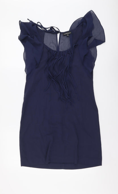 Warehouse Womens Blue Bamboo Shift Size 10 Round Neck Tie
