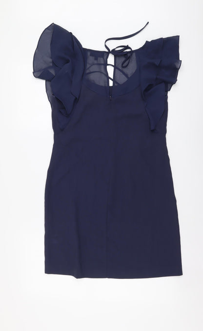 Warehouse Womens Blue Bamboo Shift Size 10 Round Neck Tie
