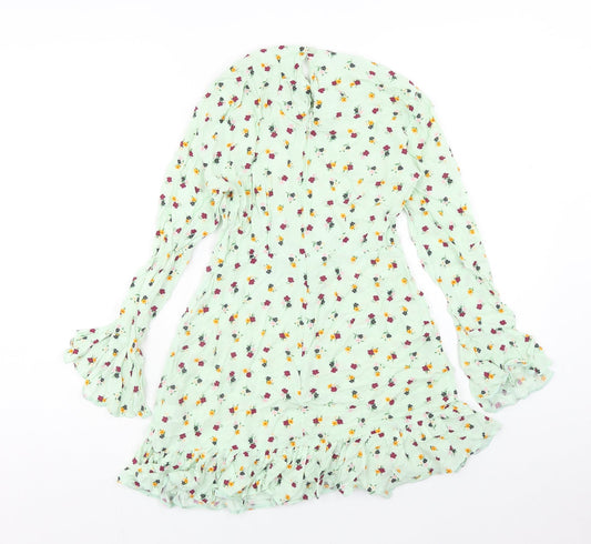 ASOS Womens Green Floral Viscose Mini Size 6 Round Neck Button